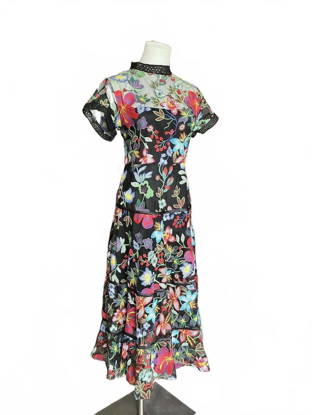 VONE Black Floral Midi Dress - Sheer Y2K Mesh, Multicolor Botanical Print, Short